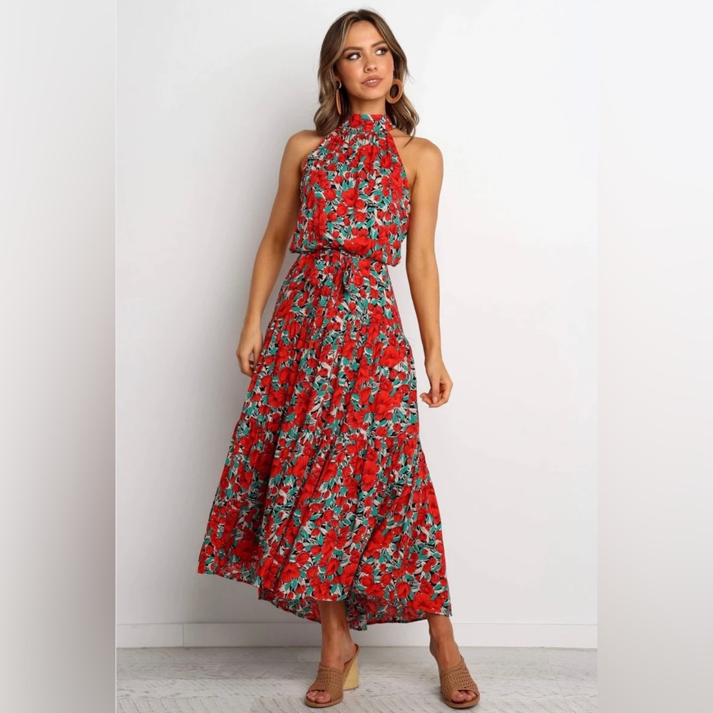 Ebby & I Midi Dress Floral Red Poppy Halter Neck Tie Waist Boho Size S 8 - Picture 3 of 16